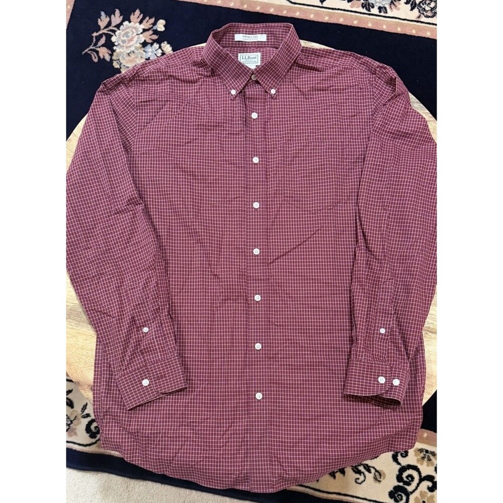 LL Bean Mens Dark Red Button Down Longsleeve Wrinkle Free Tall Large Dress Shirt